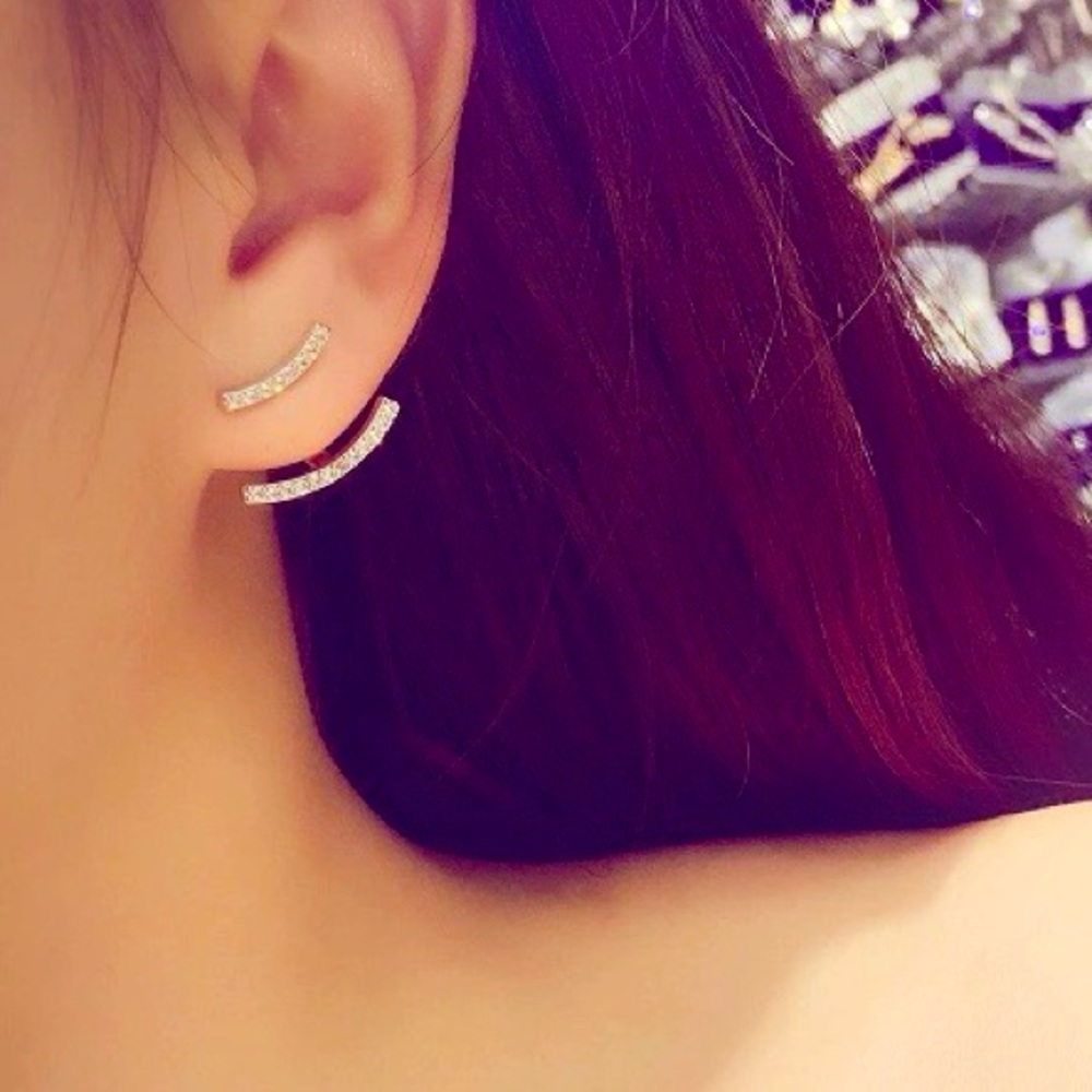Sterling Silver 2 in 1 Cubic Zirconia Curved Bar Stud and Ear Jacket / earrings